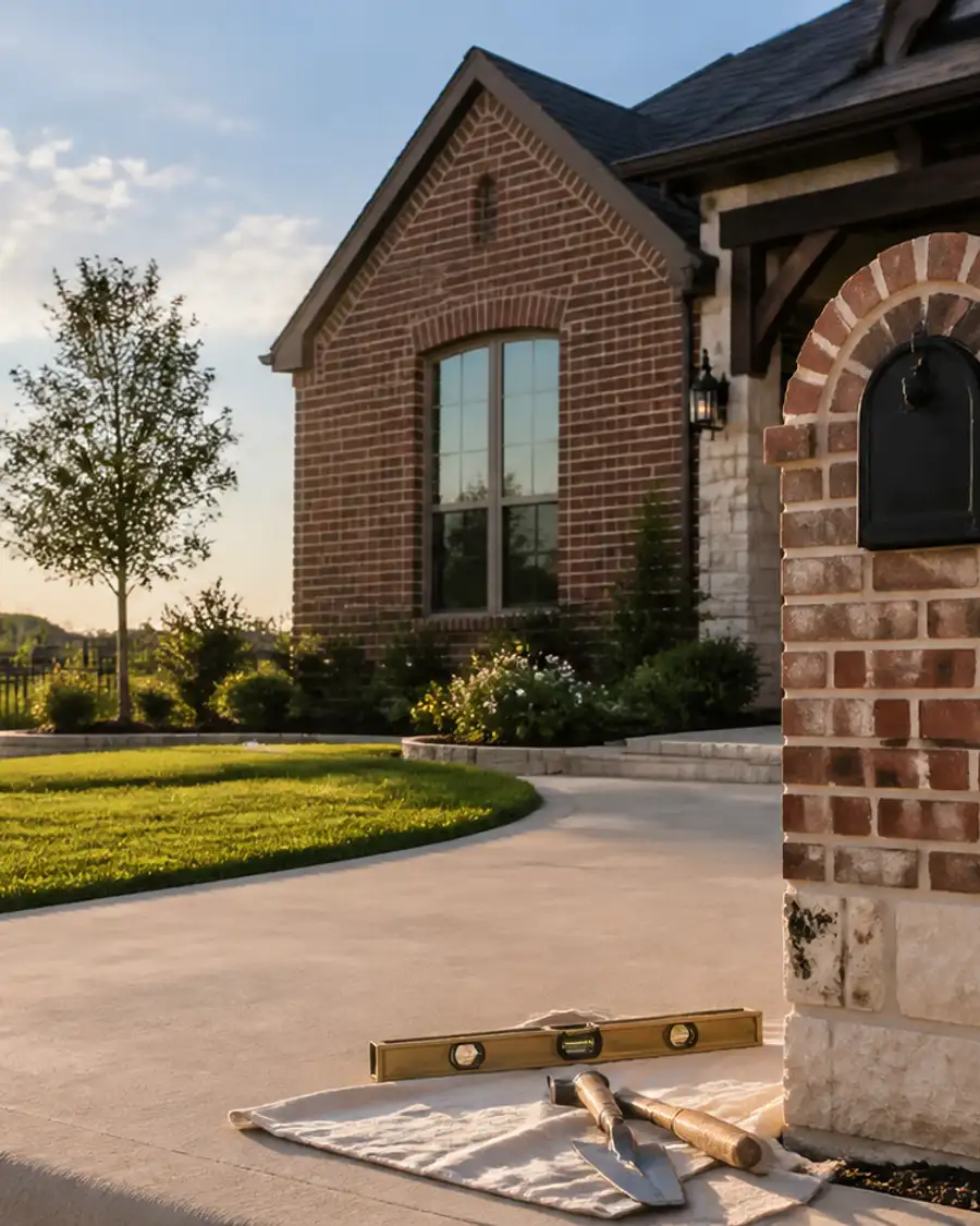 Modern Fulshear brick home with a brick mailbox and masonry repair tools